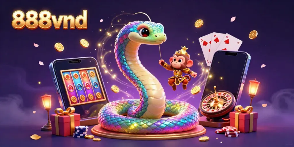 Playful monkey king swings from a mystical rainbow serpent in a vibrant 888vnd casino scene.