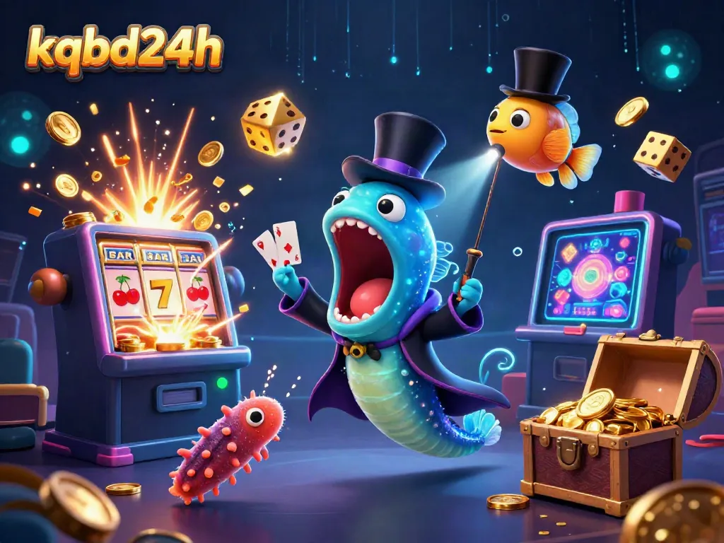 Engage with kqbd24h's exciting casino scene featuring a deep-sea eel magician and vibrant game symbols.