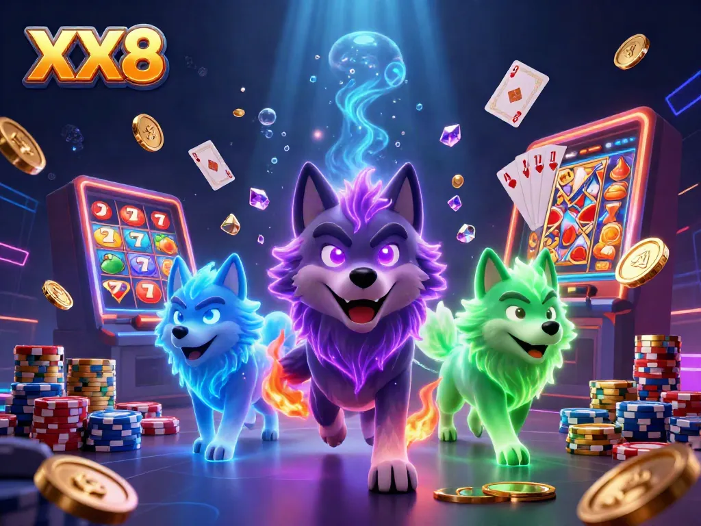 Experience thrilling gameplay at XX8 with vibrant slot machines and energetic wolf characters in this 3D digital illustration.