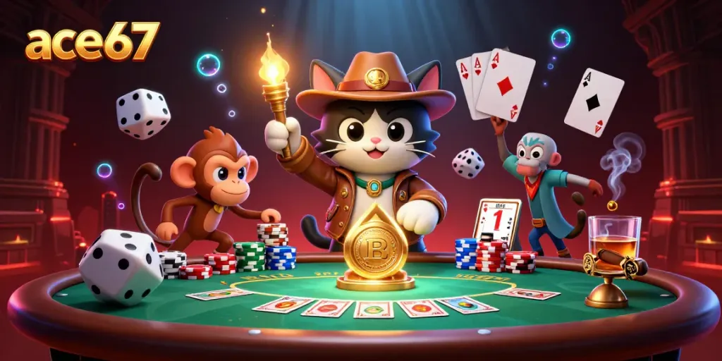 Explore the thrilling scene of ace67 with a treasure hunting cat and monkey under intense casino lights.