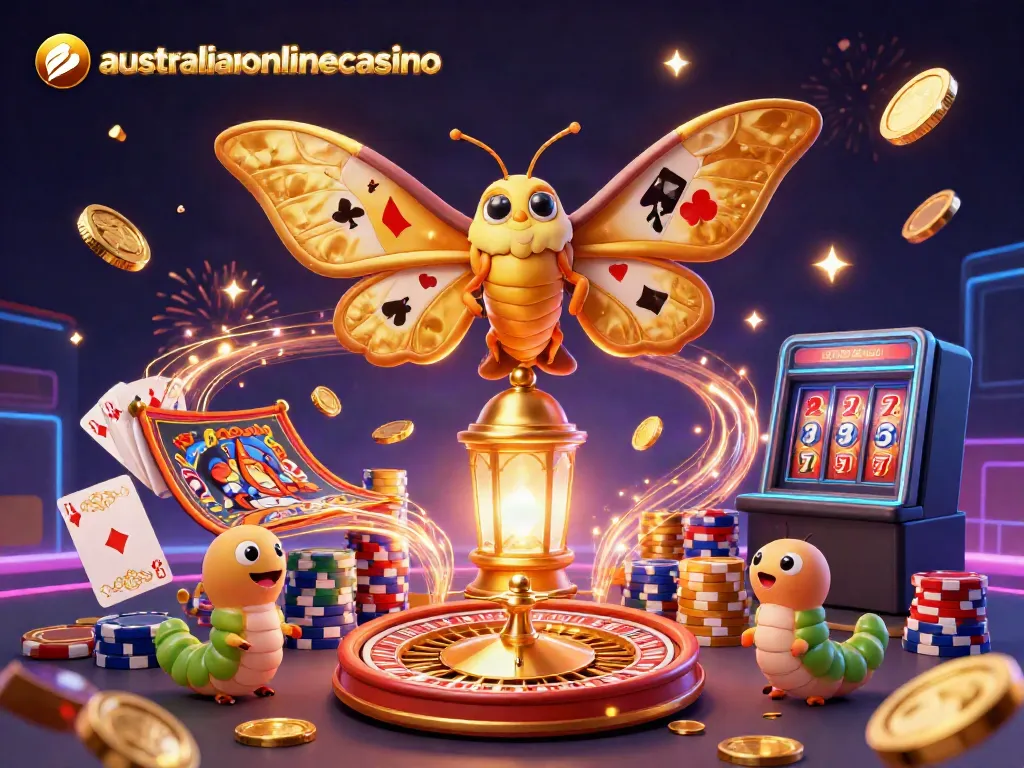 Engage with the vibrant world of australianonlinecasino featuring a majestic atlas moth over a golden lantern amidst casino elements.