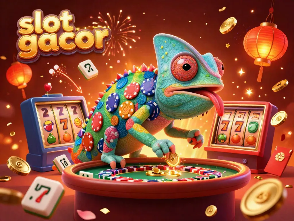 Experience thrilling gameplay with slot gacor in this vibrant 3D casino scene featuring a lively chameleon character.