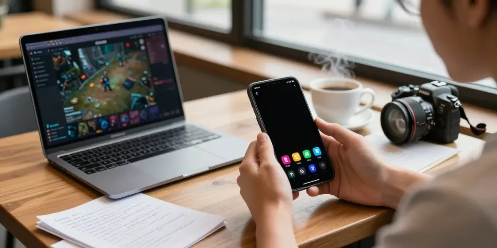 User exploring APKTodo on smartphone in a lively café.