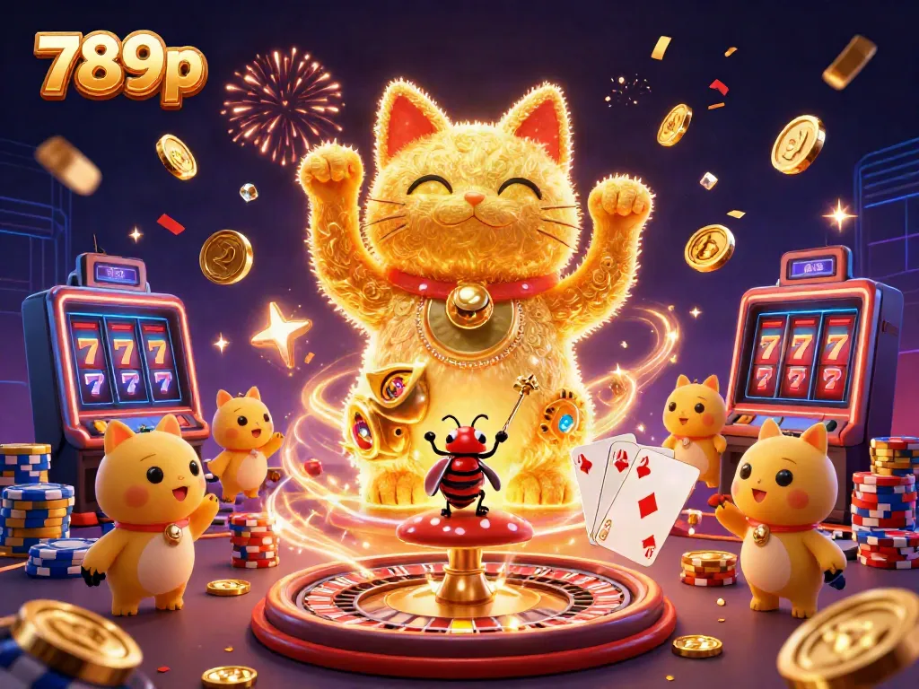 Experience excitement at 789p with captivating casino elements amidst golden coins and vibrant fireflies.