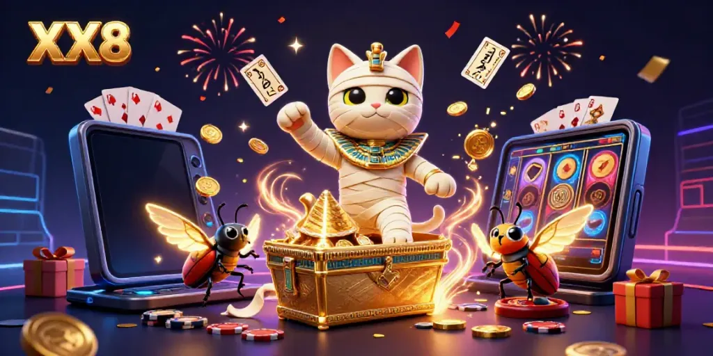 Engage in the epic XX8 casino adventure featuring a mummy cat in a dynamic gaming scene.
