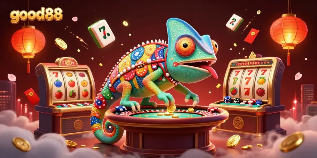 Experience vibrant gaming energy with good88’s 3D chameleon casino owner amidst colorful slot elements.