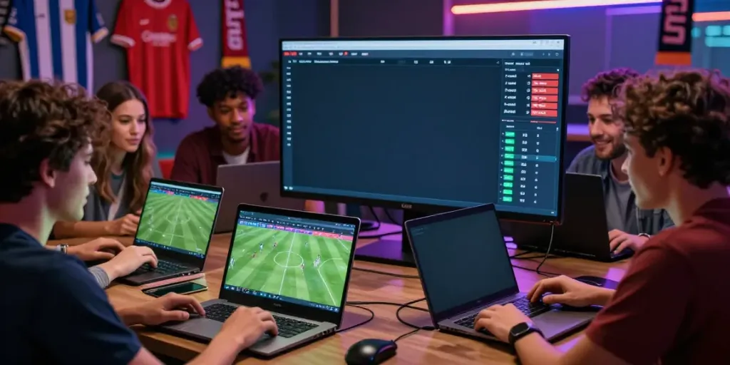 Friends analyzing live soccer match stats on WWBOLA platform