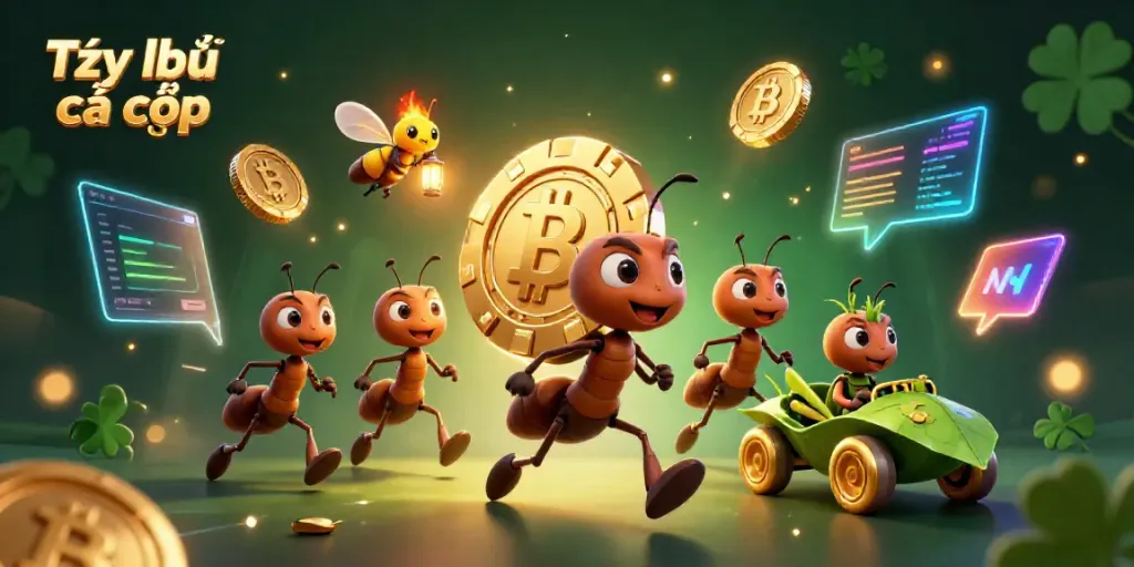 Engage with Tỷ lệ cá cược through a vibrant 3D heist scene featuring cartoon ants, cryptocurrencies, and dynamic gambling elements.