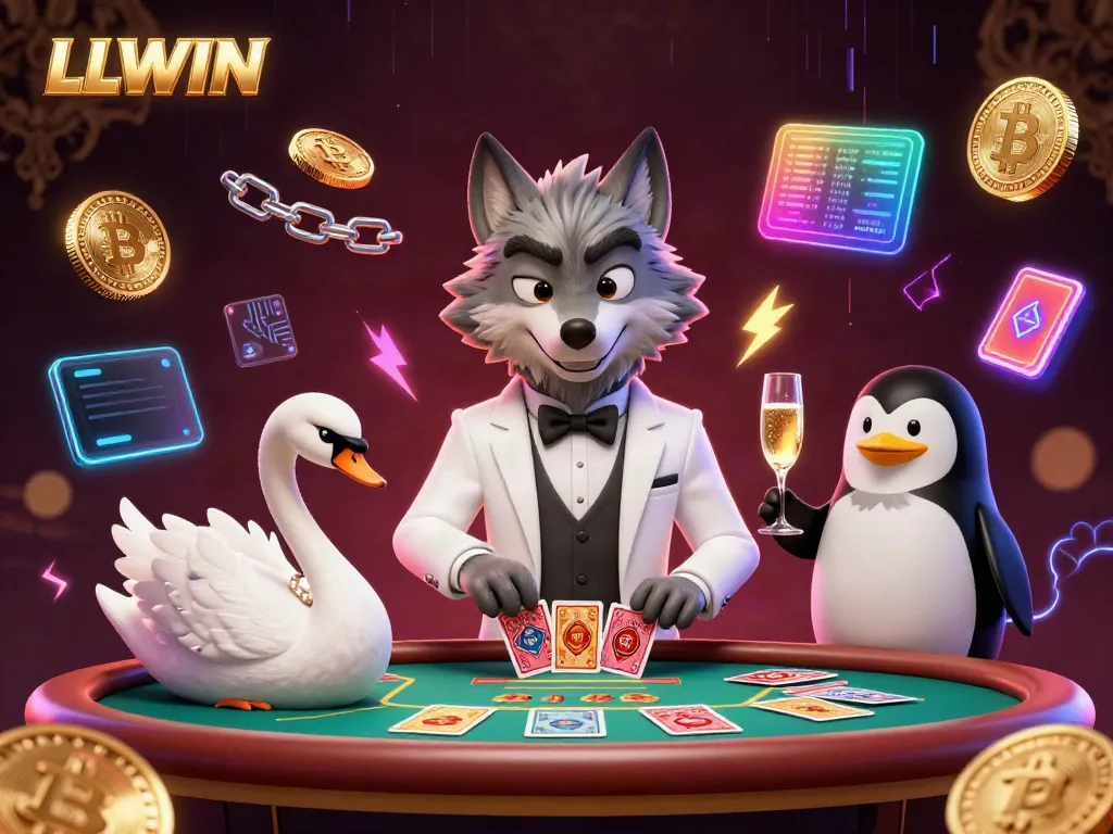 Experience luxury gaming at LLWIN with a stylish wolf, elegant swan, and sophisticated penguin in a vibrant casino shot.