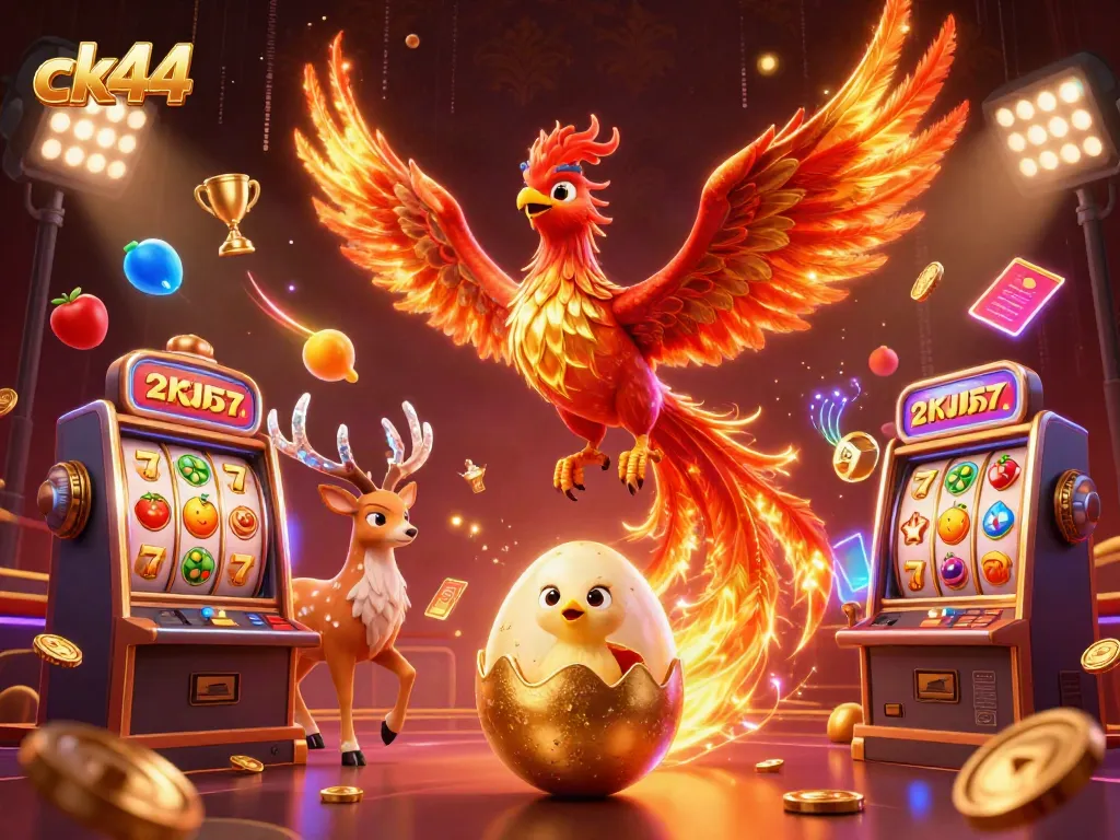 Experience the thrill of ck44 with a dazzling 3D phoenix and vibrant casino elements.