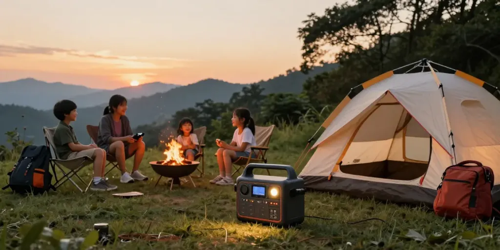 Family camping with 12-volt battery-powered devices during sunset, creating a warm atmosphere.