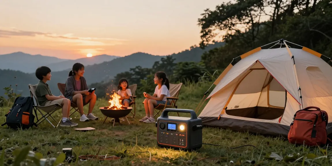 Family camping with 12-volt battery-powered devices during sunset, creating a warm atmosphere.