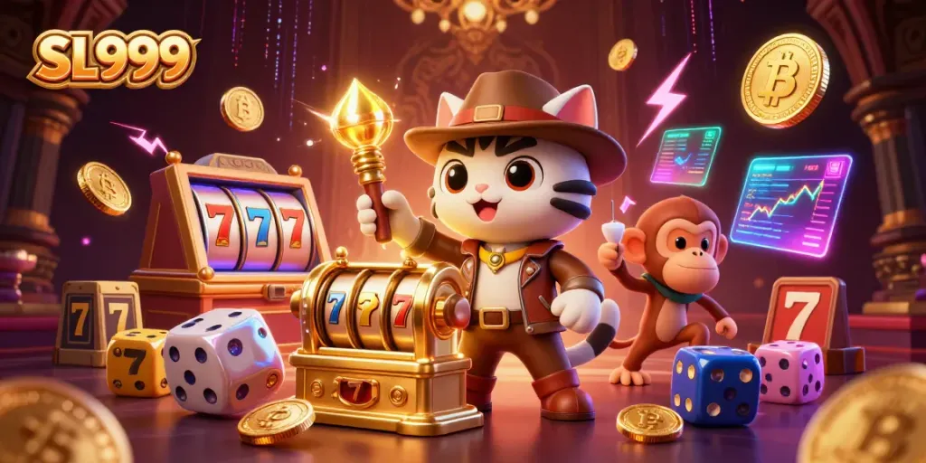 Engage with incredible SL999 slot games featuring a cartoon explorer cat discovering treasures.