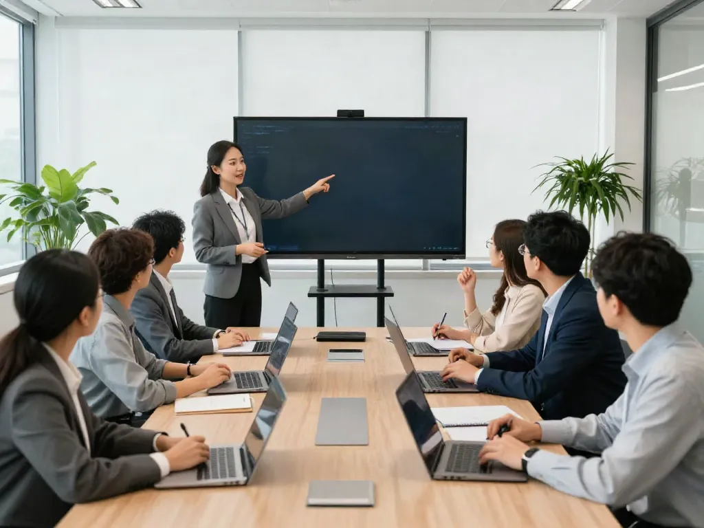 Leadership training for organizations in a collaborative corporate workshop with diverse professionals engaging in discussion.
