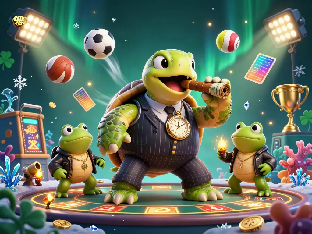 Experience the thrill of 98WIN with a lively fish shooting game scene featuring a turtle mobster and bullfrog enforcers.