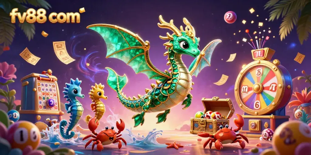 Experience the excitement of fv88 com's vibrant online gaming with a treasure-filled sea dragon scene.