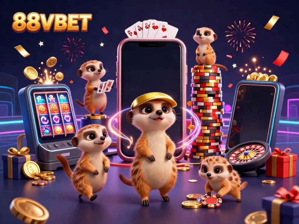 Experience the vibrant casino energy with 88VBET as meerkats engage in thrilling gaming activities.