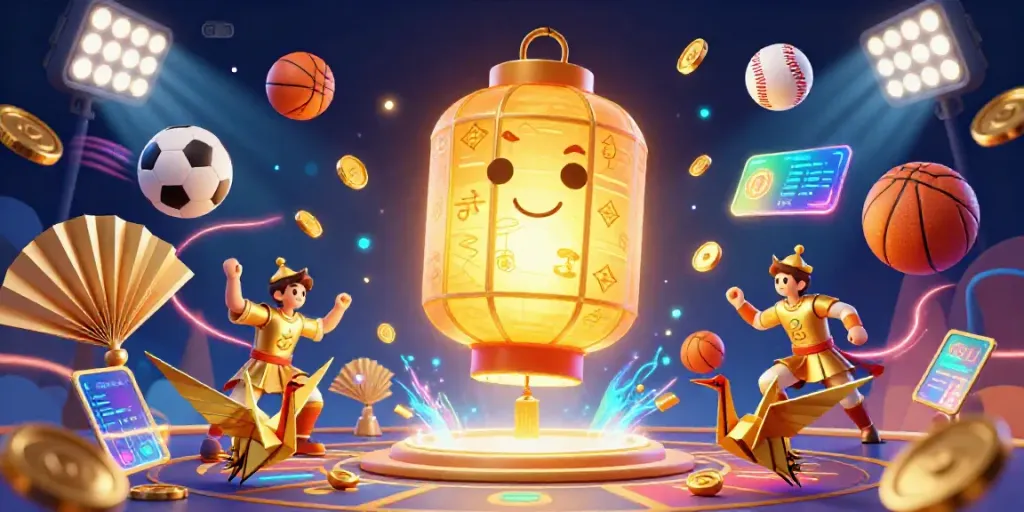 Engage in the vibrant scene of 98win casino, featuring dynamic sports elements and a glowing lantern spirit.