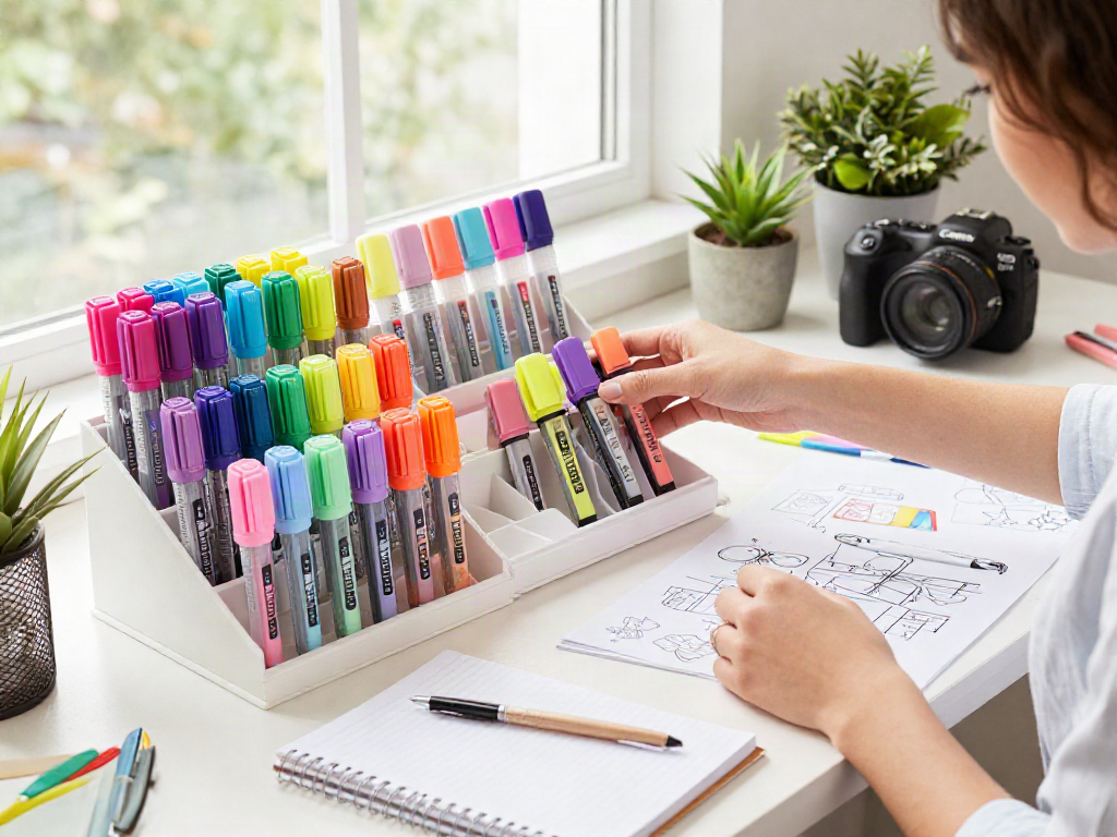 Highlighter manufacturer workspace with colorful highlighters and creative setup