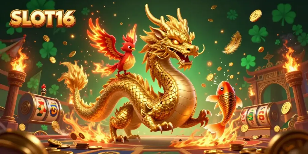 Experience the thrill of SLOT16 with a majestic dragon, phoenix, and koi in a captivating casino-themed scene.