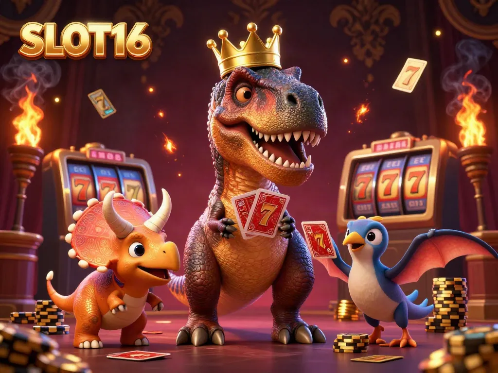 Engage with SLOT16 at a vibrant 3D casino scene featuring T-Rex, pterodactyl, and triceratops amid slots and gold.