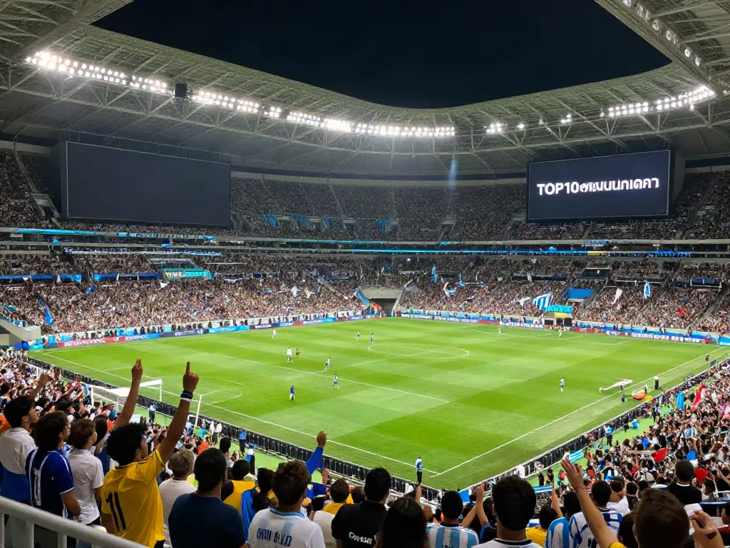 Exciting football match atmosphere highlighting TOP10ตำนานนักเตะ with fans and iconic players.