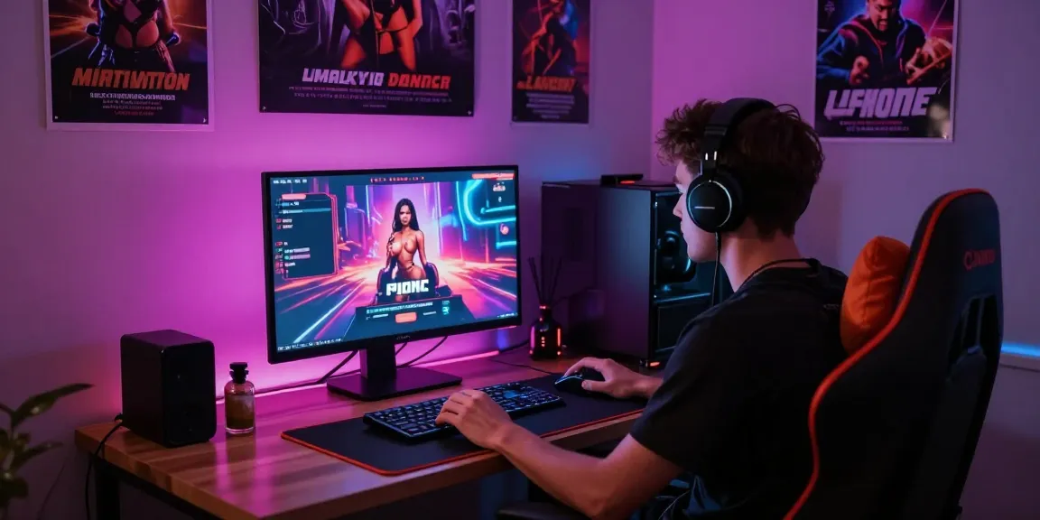 Gamer playing engaging porn games in a cozy setup with vibrant lighting and interactive visuals.