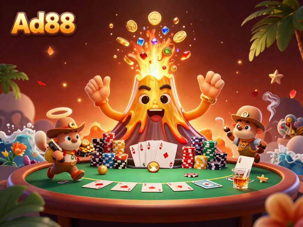 Ad88's thrilling casino experience features a golden volcano and poker elements in vibrant style.