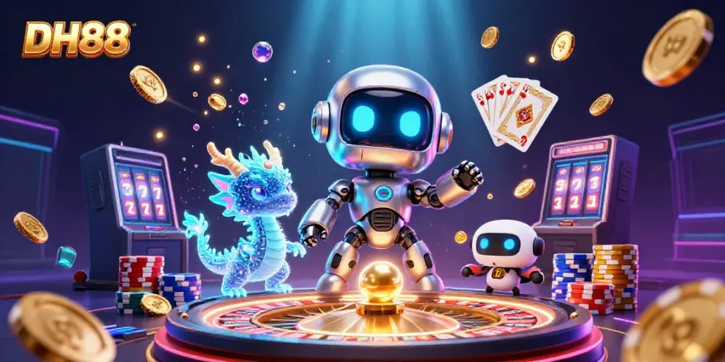 Engage with DH88's vibrant 3D casino world featuring robots, holographic dragons, and dynamic gaming elements.