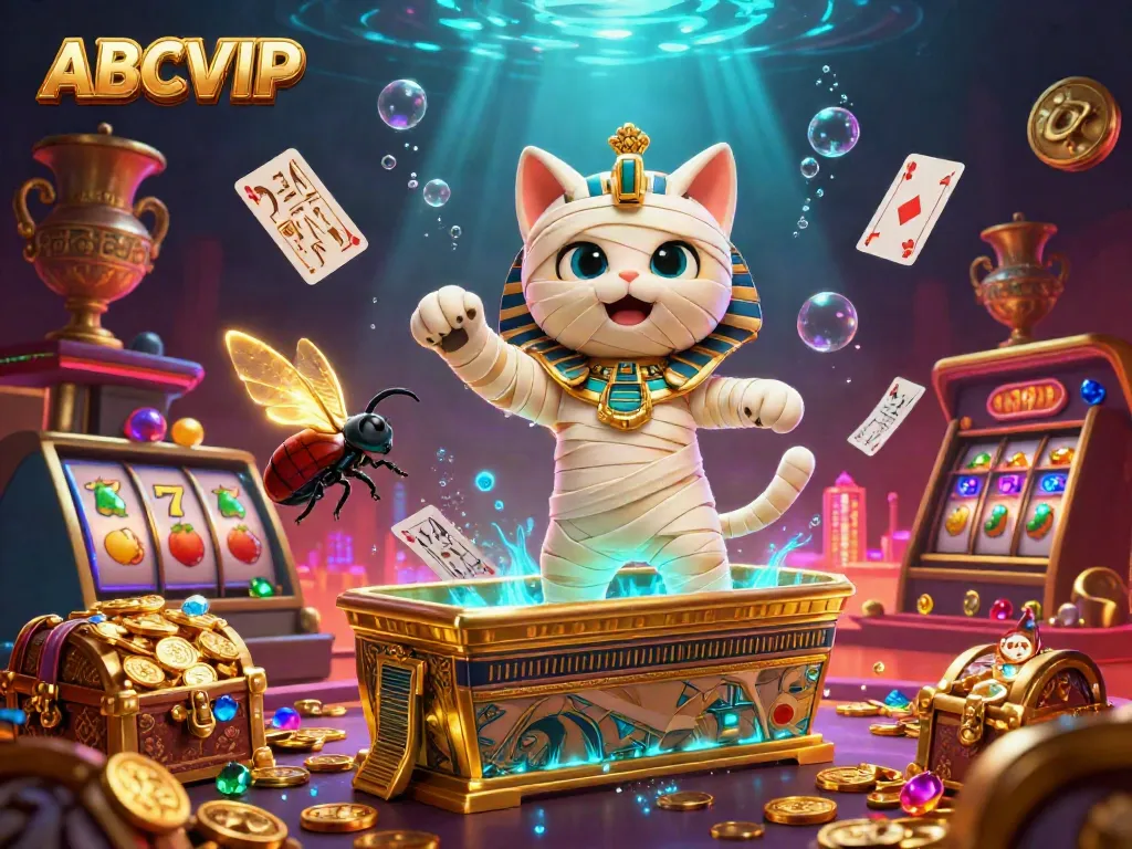 Experience the excitement of ABCVIP with an Egyptian mummy cat and treasures in a vibrant casino.