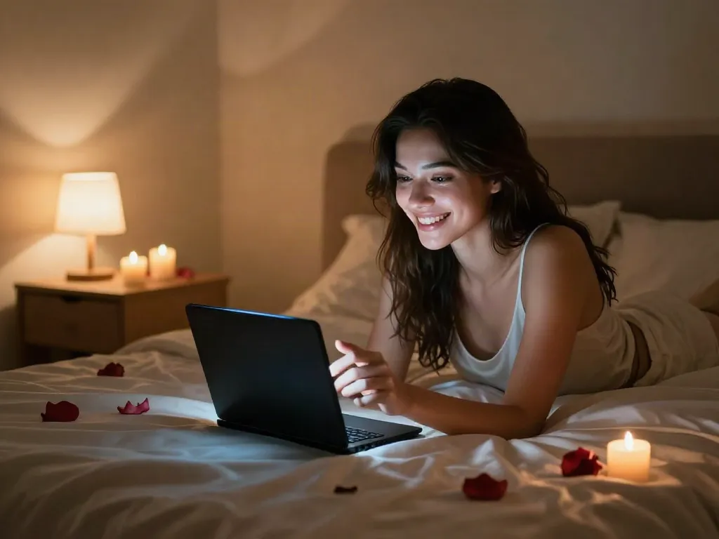 AI sex chat on smartphone screen in a romantic bedroom.