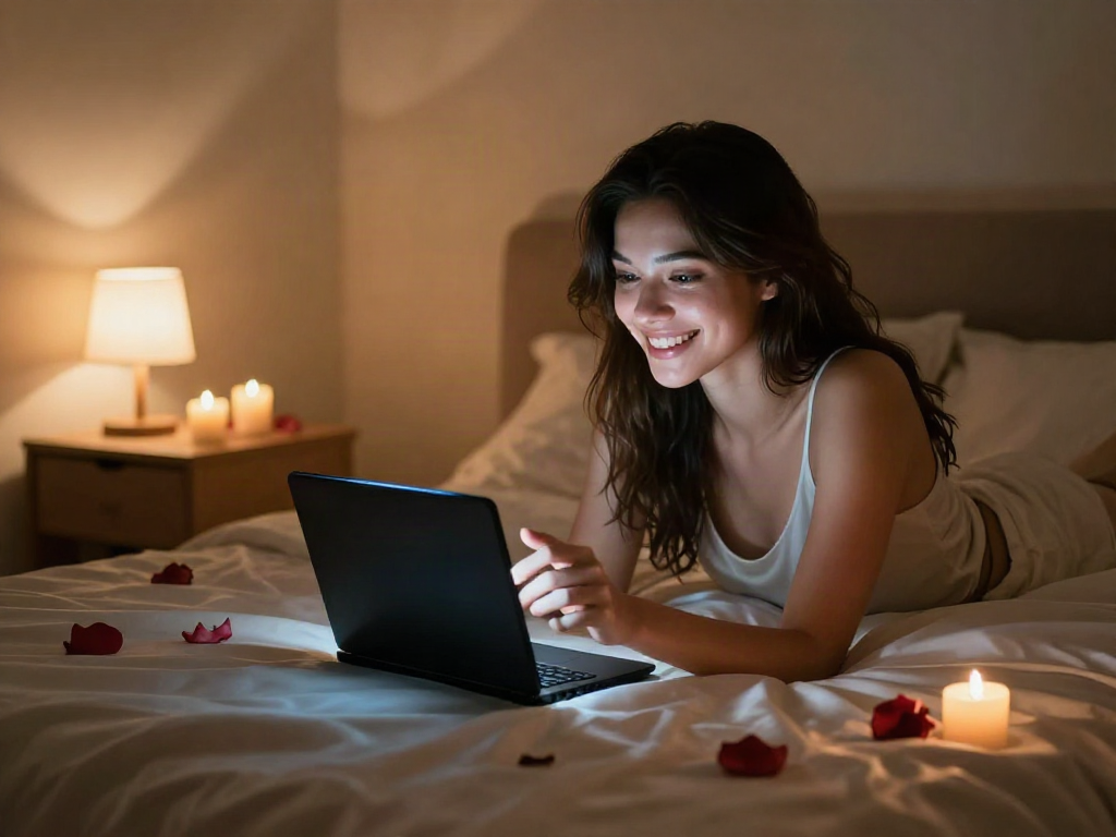 AI sex chat on smartphone screen in a romantic bedroom.