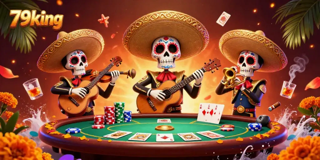 Experience excitement at the 79king casino with vibrant skeleton mariachi musicians amidst poker action.