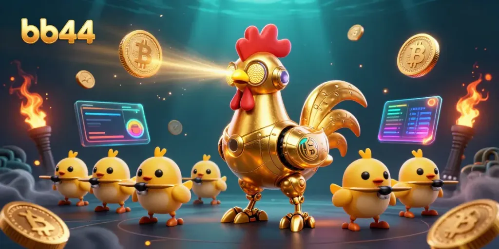 Engage with bb44's animated casino experience featuring a golden robot and crypto elements.
