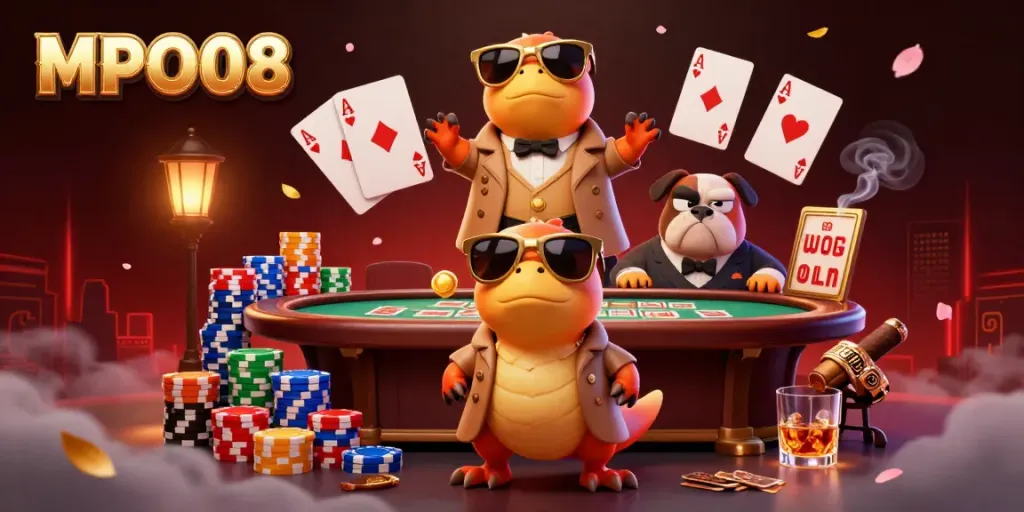 MPO08 characters sneak into a VIP casino with poker elements and atmospheric effects.