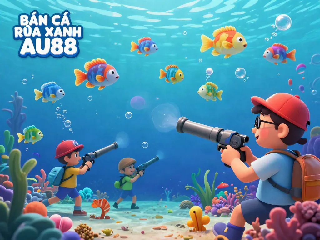 BẮN CÁ RÙA XANH AU88 players using underwater cannons to shoot colorful fish in an exciting aquatic scene.