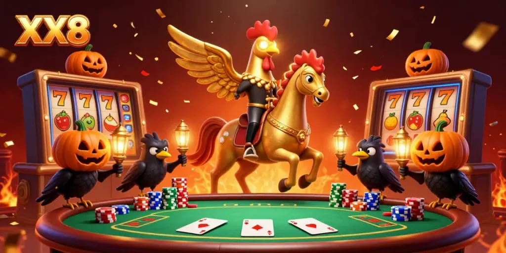 Experience thrilling slot wins with XX8 in an enchanting midnight casino scene.
