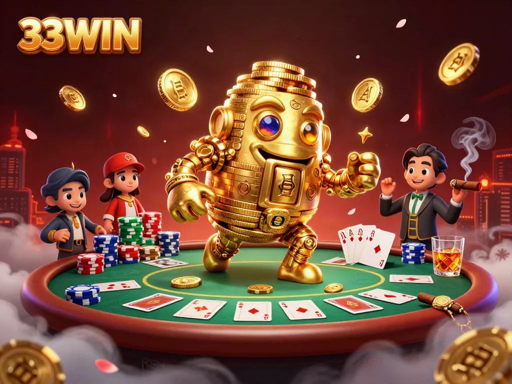 Engage with the thrilling 33WIN scene featuring a golden golem amidst vibrant poker elements.