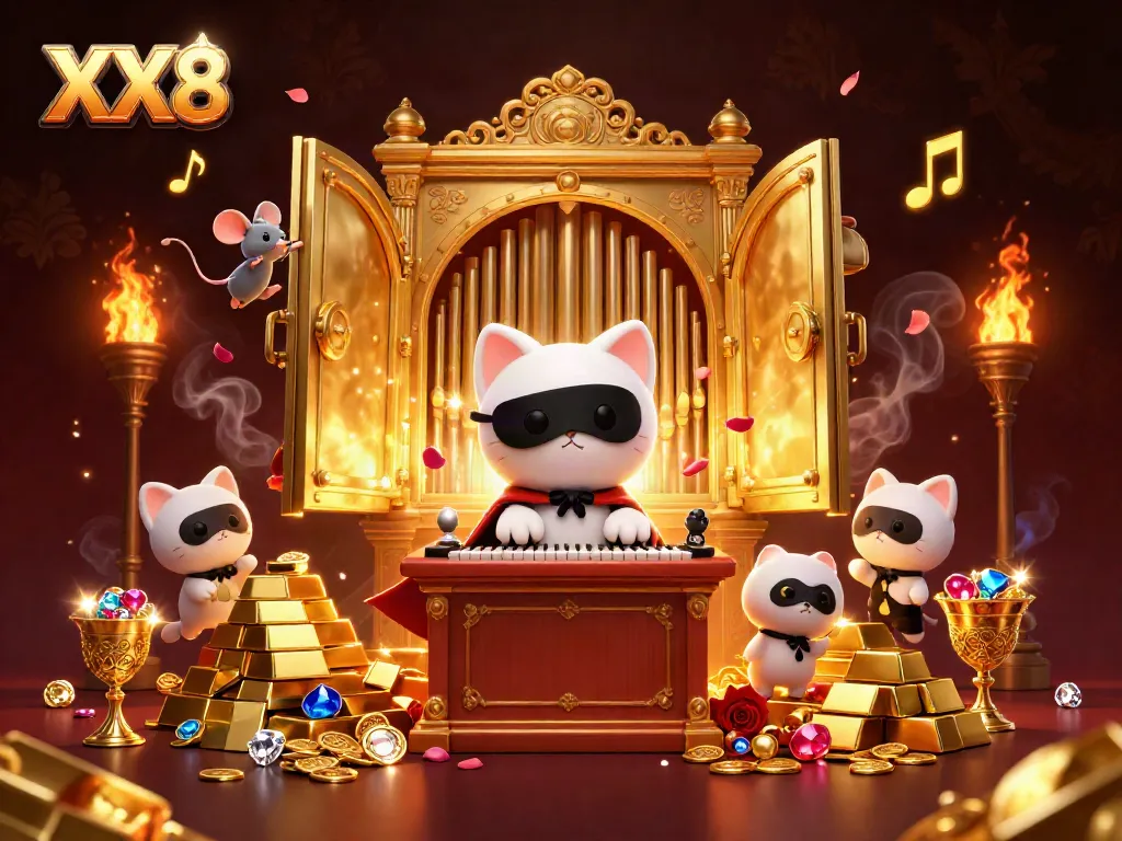 Experience the thrill of XX8 casino with a spectacular illustration of whimsical characters amid gold and gems.