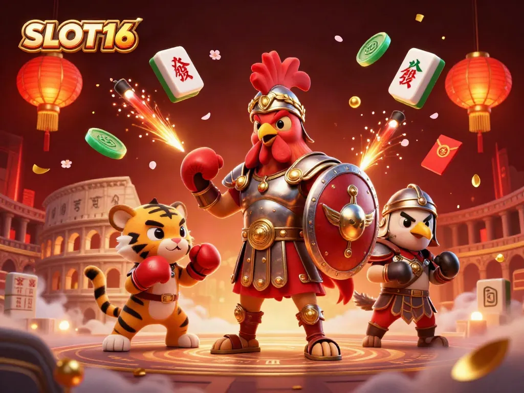 SLOT16 creates an exciting scene with a cartoon gladiator rooster and sparring tiger cub amid festive elements.