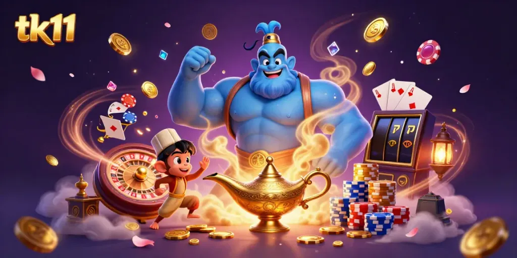 Experience the thrill of virtual gaming with tk11's genie, monkey, and magic carpet in a vibrant casino scene.