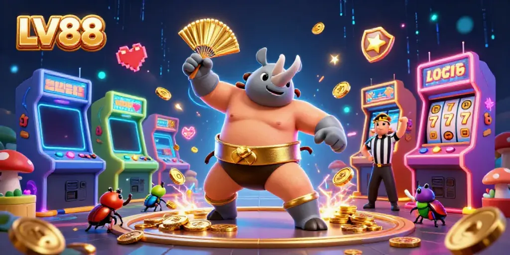 Witness the LV88 sumo champion beetle send coins flying in a dynamic casino scene.