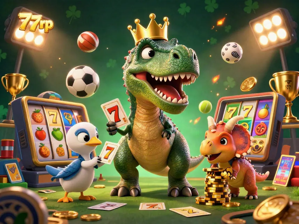 Engage in the thrilling world of 77rp slots with a T-Rex attempting card shuffle, enriched with exciting game elements.