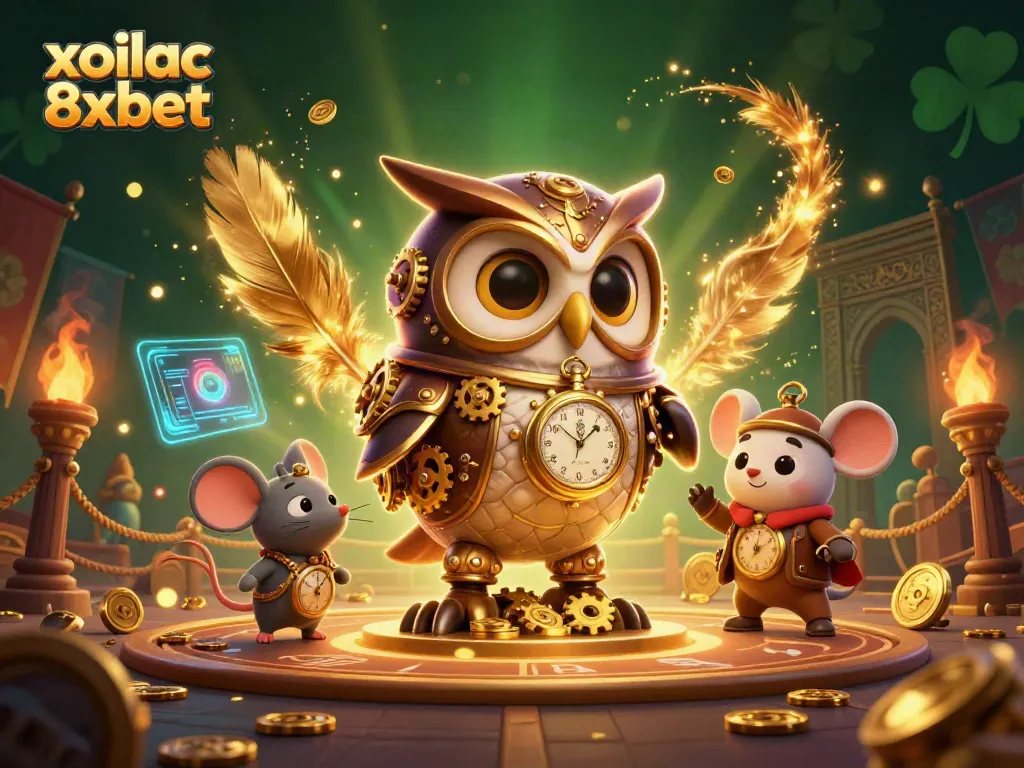 Experience thrilling gameplay with xoilac 8xbet, featuring a steampunk owl and vibrant casino elements.