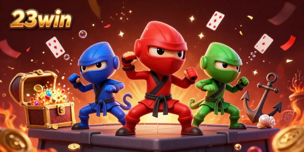 Experience the thrill of 23win through a dynamic scene with colorful chameleon ninjas and casino elements.