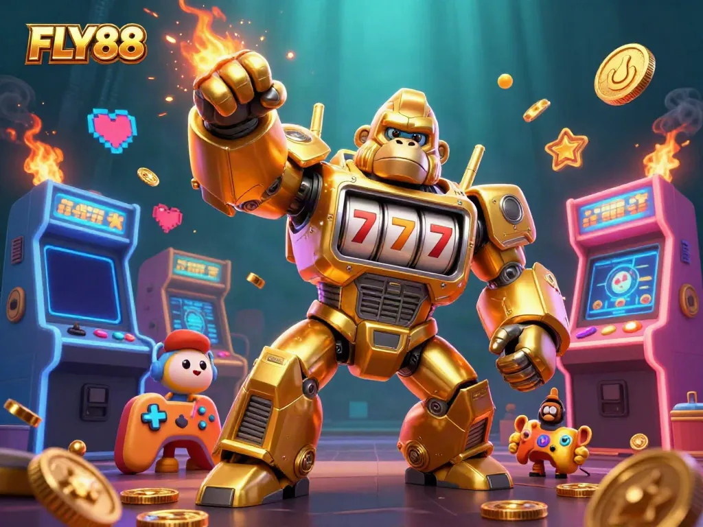 Engage with FLY88's vibrant online casino world through this dynamic 3D illustration of a golden gorilla mech.