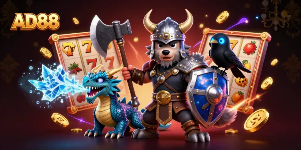 Engage with the thrilling AD88 online casino experience featuring a Viking warrior, dragon, and vibrant slot elements.