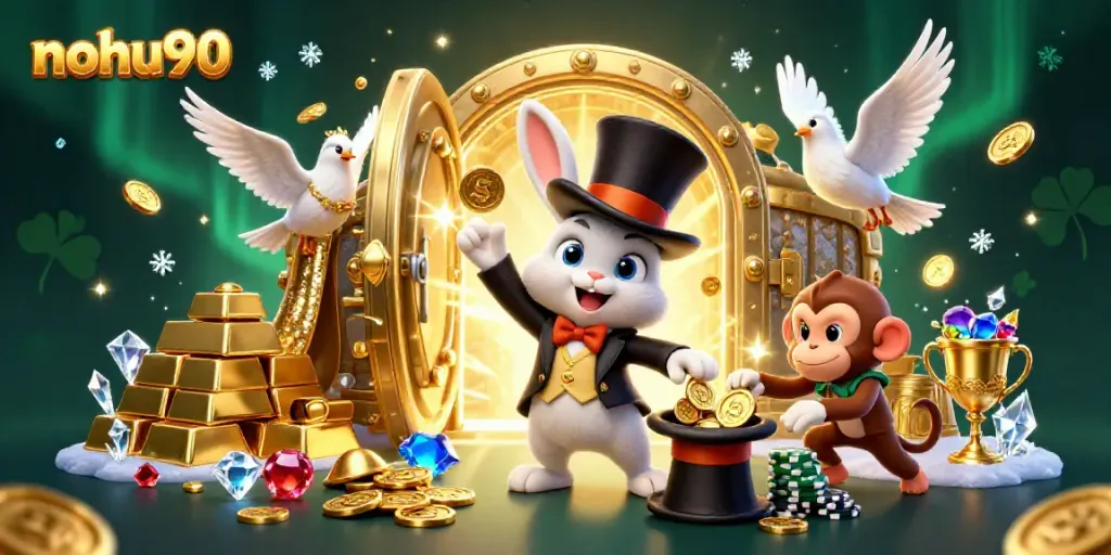 Nohu90 features a magician rabbit pulling golden coins, a dove in sequined cape, and a monkey with poker chips.