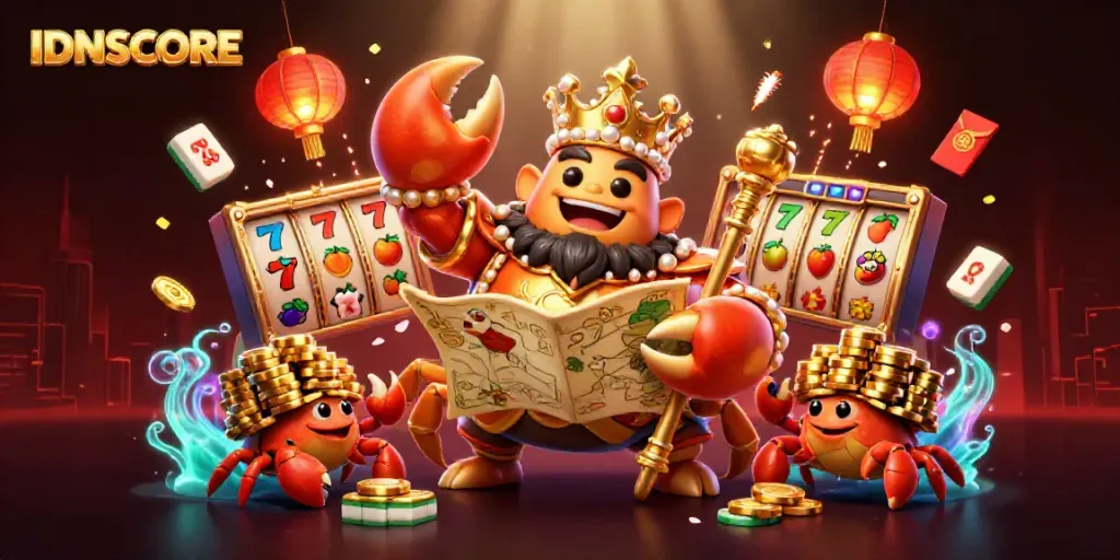 Experience the excitement of IDNSCORE with a massive golden crab emperor in a vibrant casino scene.