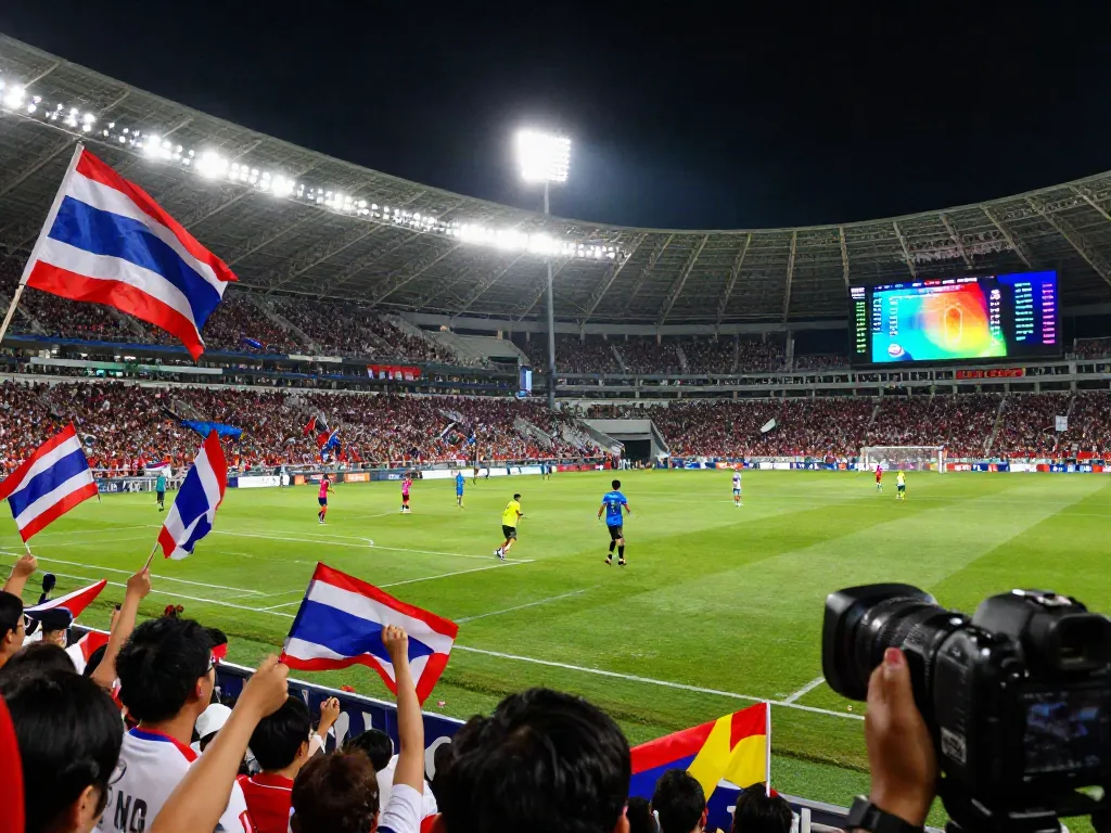 Exciting football match in Thailand showcasing ข่าวฟุตบอลไทย with young players and enthusiastic fans.